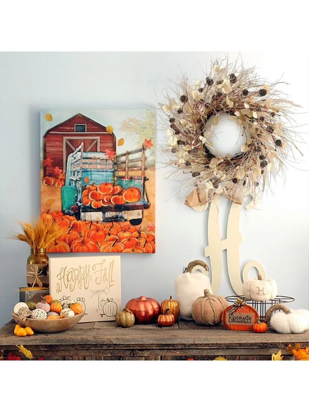 24-Inch Autumn Wreath for Front Door Decor with Pinecones & Red Berries